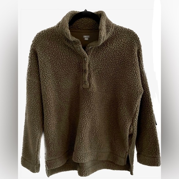 AERIE Green Half Button Up Sherpa Pullover, Size XS - Picture 1 of 5